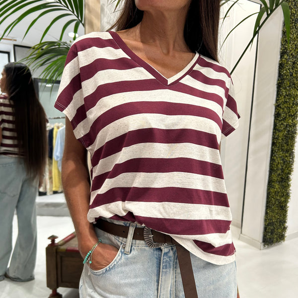 DIXIE - T-SHIRT RIGHE MISTO LINO SCOLLO V + COLORI