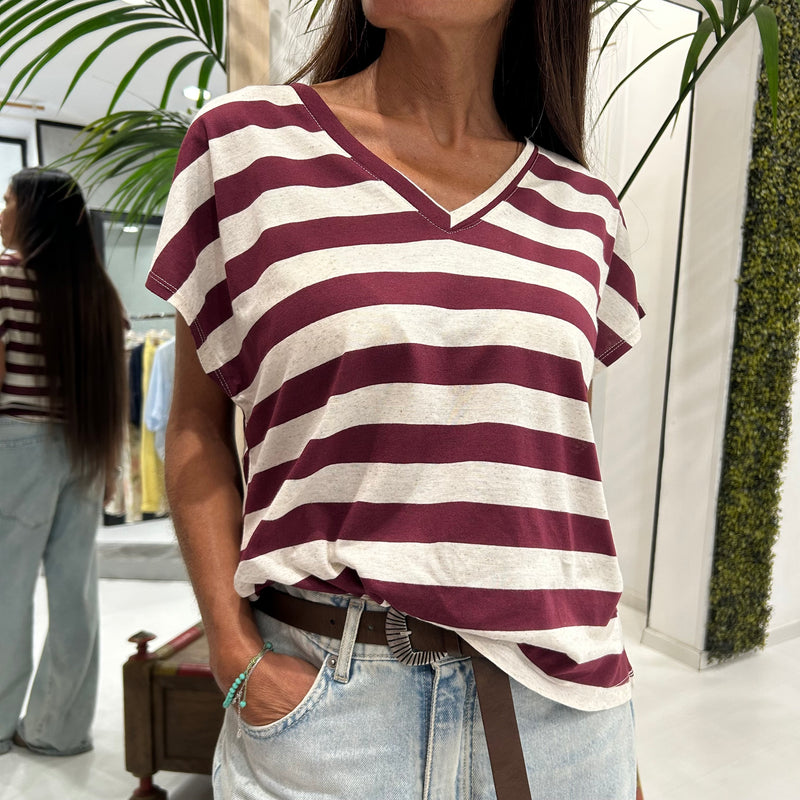DIXIE - T-SHIRT RIGHE MISTO LINO SCOLLO V + COLORI