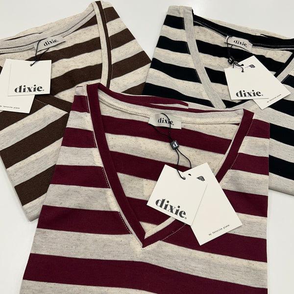 DIXIE - T-SHIRT RIGHE MISTO LINO SCOLLO V + COLORI