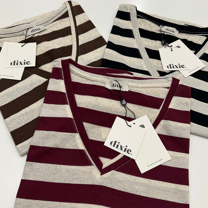DIXIE - T-SHIRT RIGHE MISTO LINO SCOLLO V + COLORI